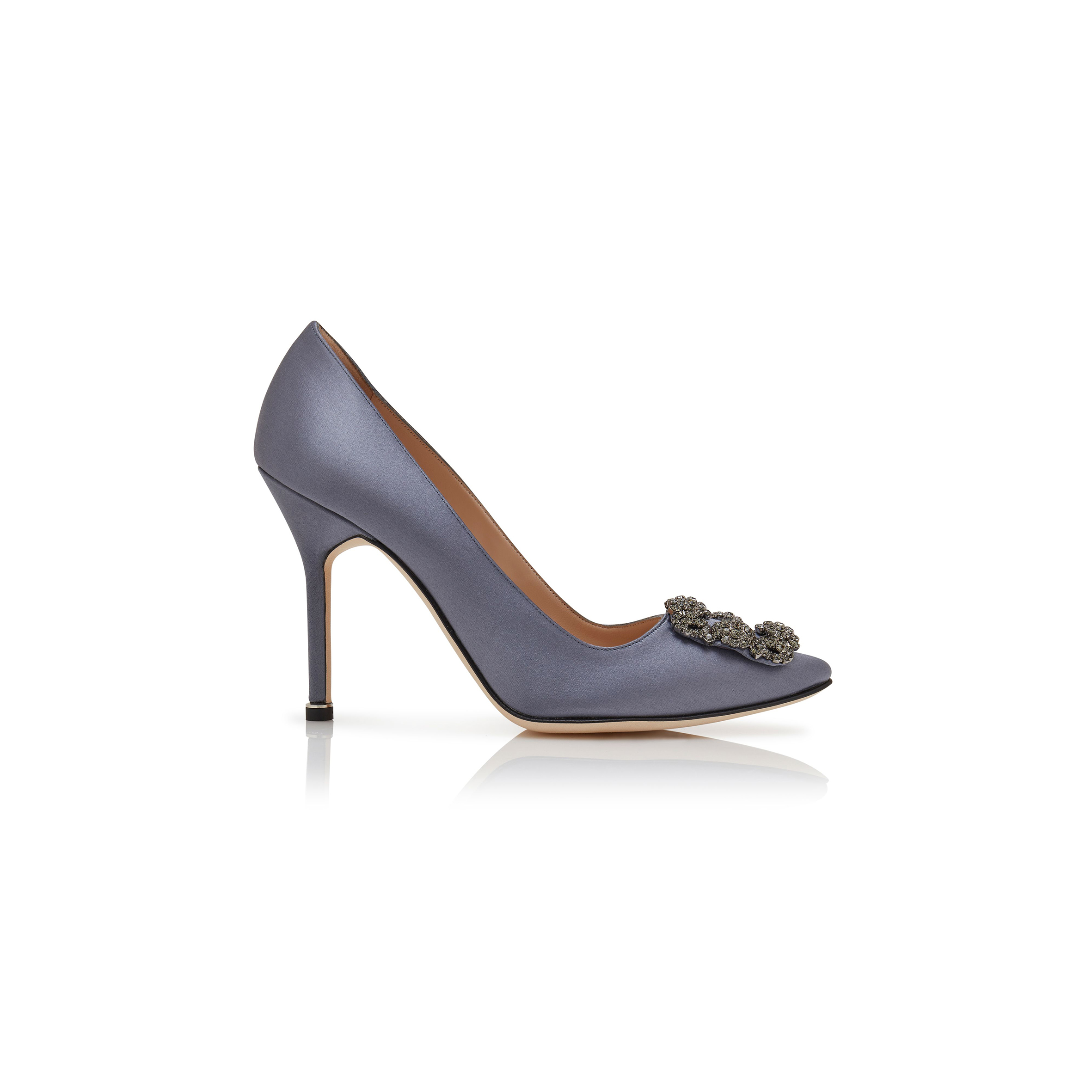 MANOLO BLAHNIK HANGISI GREY SATIN JEWEL BUCKLE PUMPS 9XX-0664-0053